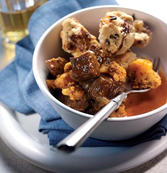 Beef and Beer Masala with Onion Bhaji Dumplings Beef and Beer Masala with Onion Bhaji Dumplings