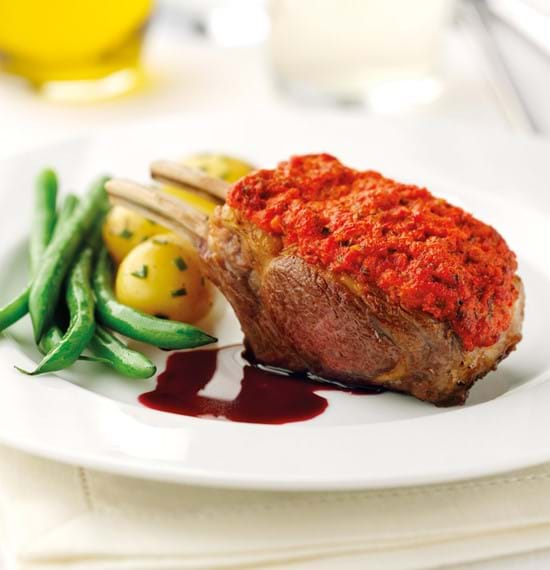 Red Pepper and Rosemary Crusted 2-bone Mini Racks of Lamb with Redcurrant Jus Red Pepper and Rosemary Crusted 2-bone Mini Racks of Lamb with Redcurrant Jus