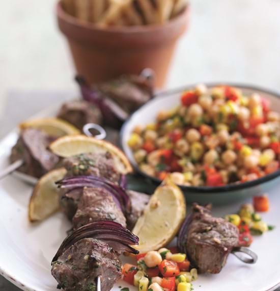 Coriander and Lemon Infused Lamb Kebabs with ChickPea and Sweet Corn Salsa Coriander and Lemon Infused Lamb Kebabs with ChickPea and Sweet Corn Salsa