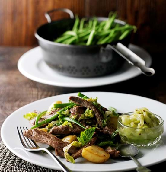 Flash-Fried Lamb Strips with Seasonal Vegetables and Cucumber Relish Flash-Fried Lamb Strips with Seasonal Vegetables and Cucumber Relish