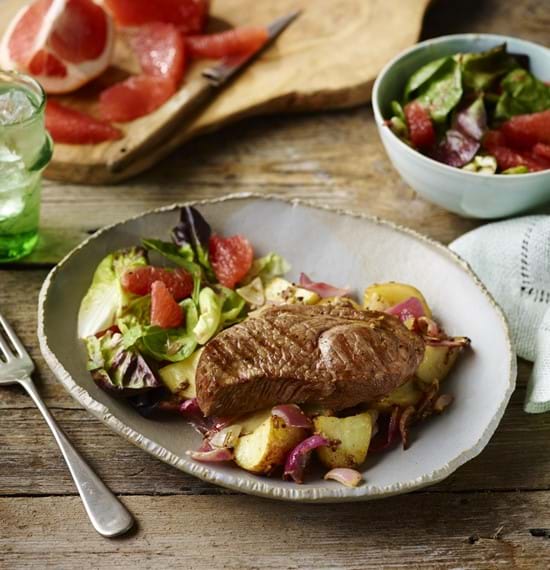 Lamb Leg Steak with Garlic Potatoes and Grapefruit Salad Lamb Leg Steak with Garlic Potatoes and Grapefruit Salad