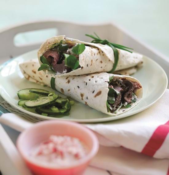 Roast Beef and Watercress Wraps with Radish Raita Roast Beef and Watercress Wraps with Radish Raita