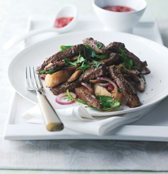 Seared Beef Strips on Mushroom and Spinach Bruschetta Seared Beef Strips on Mushroom and Spinach Bruschetta