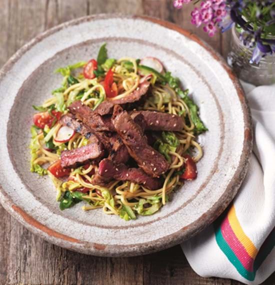 Mustard Marinated Steaks with Noodles,Cucumber and Radish Salad Mustard Marinated Steaks with Noodles,Cucumber and Radish Salad