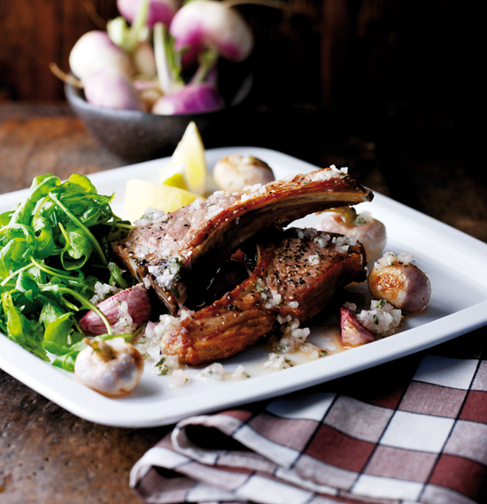 Grilled Autumn Lamb Chops with Roasted Baby Turnips and Garlic with Shallot, Marjoram and Honey Vinaigrette Grilled Autumn Lamb Chops with Roasted Baby Turnips and Garlic with Shallot, Marjoram and Honey Vinaigrette